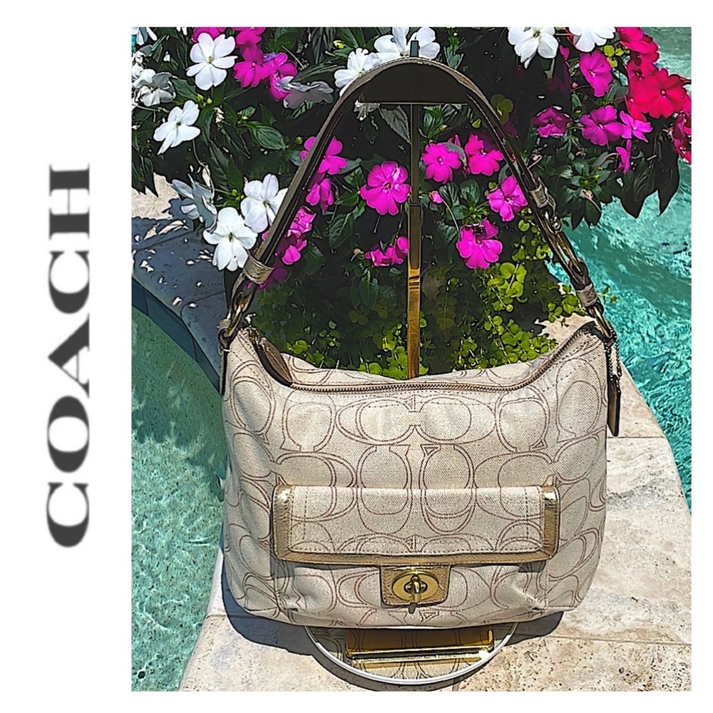 Coach Penelope Beige/Gold Linen Signature “C” Convertible Shoulder/Crossbody Bag